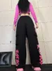 Jeans Femme Rétro Multi-Poches Noir Rose Rose Imprimé Salopette Pantalon Personnalité Féminine Rue Hip-Hop Lâche Casual Danse Pantalon De Sport Y23