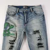 Designer Clothing Amires Jeans Denim Pants Amies Fashion Brand Jeans usés pour hommes avec pantalons à pieds élastiques bleu clair usés avec broderie pliée Snake Label Fash