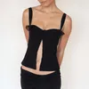 Zbiorniki damskie Chic vintage Hook Button Gorset Tops Ruffle Low Cut Slim Fit Black Kamizelka Sexy Backless Crop Elegancka dama kobiety