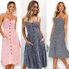 Boho Blumenkleid Sommer Vintage Casual Sommerkleid Weibliches Strandkleid Midi Knopf Rückenfrei Polka Dot Gestreiftes Damenkleid