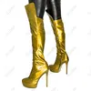Olomm nouvelles femmes hiver plate-forme genou bottes en cuir verni talons aiguilles bout rond jolie Fuchsia chaussures de fête Plus taille américaine 5-20