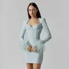 Casual Dresses Sexy Rayon Pink Feather Long Sleeve V-Neck Bodycon Bandage Dress For Women Winter Elegant Celebrity Cocktail Party Mini