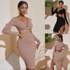 Casual Dresses Autumn Sexy Hollow Out V-neck Solid Color Dress For Women Long Sleeves Clothing Low-cut Cutout Tight-fitting Design Party