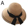 Chapéus largos Brim Ribbon Bowknot Women Straw Hat Top Top Sun feminino elegante Tour da praia de viagens ao ar livre macia e elegante