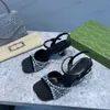 2023 High -end dames vierkant teen hoge hakken sandalen mode satijn echte zijden lederen bodem kristal diamanten schoenen catwalk show feestje trouwjurk sh49u#