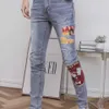 디자이너 의류 Amires Jeans 데님 바지 남성 디스트레스드 진 Amies 하이엔드 마이크로 탄성 스트레이트 핏 프린트 대학 성장 바지 트렌드 디스트레스드 찢어진 스키