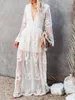 Casual Dresses Fashion White Embroidered Summer Dress Women 2023 Bohemian Lace V Neck Hollow Out Party Evening Cocktail Maxi Long Dresse