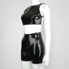 Kvinnors spårsättningar Hirigin Kvinnor Backless Crop Faux Leather Suits Stretch Slim Shorts Bomblook Spring Solid Color Two Piece Set 2023 Outfits