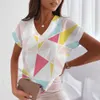 T-shirt 2023 Summer Women's T-shirt Vintage Geometric Jigsaw Fashion V-Heck Pull Up Short Sleeve Printed Loose Day Top Design Clothing P230523
