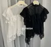 Women's Blouses Woman White Black Transparent Flowers Embroidered Lace Tops Sleeves Frilled Collar Ruffled Detail Fashion Cropped Blouse