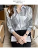 Blouses femininas clássicas francesas clássicas geométricas listradas Blusa de cetim Fall Fall 2023 Camisa de seda pesada de mangas compridas