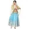 Stage Wear Belly Dance Outfits Bollywood Kostuum Hoogwaardige borduurwerk Sari 4pcs/Set Top Belt Rok