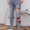 디자이너 의류 Amires Jeans 데님 바지 남성 디스트레스드 진 Amies 하이엔드 마이크로 탄성 스트레이트 핏 프린트 대학 성장 바지 트렌드 디스트레스드 찢어진 스키