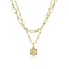 Chaînes Or Double Couche Collier Initial 14K Plaqué Trombone Chaîne Simple Mignon Hex Pendentif Clavicule Pour Les Femmes