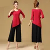 Stage Wear Women Fashion Latin Dance Practice Abiti da ballo Top rossi e pantaloni a gamba larga Completi larghi casual moderni