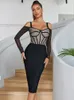 Casual Dresses Fashion Mesh Patchwork Black Bandage For Women Sexy Lace Corset Dress Elegant Celebrity Party Midi