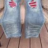 Дизайнерская одежда Amires Jeans Denim Pants Fashion Man Amies New 23ss Hole Red Patchwork Mx2 High Street Knife Cut Slim Skinny Jeans Man Distressed Ripped Skinny Moto