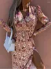 Casual jurken Spring bloemenprint Split Long Jurk Dames V Hals Puff Mouw Boho Maxi Vrouw A Line Floral Lady Office Vestidos