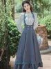 Casual Dresses England Style Woman Outfits Modern Vintage Chic Design Brodery White Shirt Topps Blue Strip Kjol Elegant Lady 2