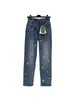 Dames jeans ontwerper nieuwe zware industrie geborduurd kleine paddenstoelbloempatroon decoratie hoge taille slanke elastische rechte been broek 2LR4