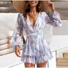 Vestidos casuais femininos estampas florais primavera verão salto curto mano de mangas longas semi-sheer ruffle sexy profundo deco