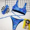 Women's Swimwear Bikini 2022 Sexy Blue Snakeskin Print Bandage Swimwear Swimsuit Women Bikinis Set Bathing Suit Beach Bikini Female with Hairband T230524