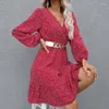 Casual Dresses 2023 Spring Dot Printed V-neck Small Floral Dress For Woman Party Pullover Long Sleeve Mini Skirt Polka Women Clothes