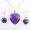 Earrings Necklace Jewelry Set For Women Pendant Hoop Party Love Heart Reiki Chakra Beads Stone Amethysts Agates Crystal Bq308 Drop Dhrtm