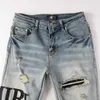 Abbigliamento firmato Amires Jeans Pantaloni denim Nebbia Amies Nuovo marchio di moda Lettera Patch lavato Vecchio buco High Street Slim Fit Leggero Jeans piccoli piedi Uomo Distressed Strappato S