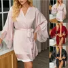 Women's Sleepwear Sexy Solid Women Pajamas Shorts Lace Patchwork Nightgown Satin Silk Kimono Belt Casual Home Dress Bride&Bridemaid