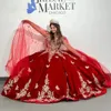 Red Veet Quinceanera Dresses With Wraps Beading Gold Appliques Sweetheart For Sweet 16 Girl Princess Ball Gown Vestidos De 15 Anos Prom Gowns