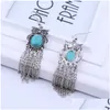 Charm Womens Owl Tassel Tibetan Sier Turquoise Earrings GSTQE039 Fashion Gift National Style Women Diy Earring Drop Delivery Smycken Dhrtl