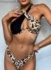 Kvinnors badkläder Zafille Leopard Swimsuit Tryck upp badkläder 2021 Sexiga Corsss Bikini Set Halter Bathing Suit Two-Piece Swimsuit Cut Out Bymkläder T230524