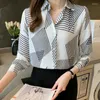 Kvinnor Bluses French Classic Geometric Striped Printed Satin Blus Women Fall 2023 Tung sidenskjorta Långärmad