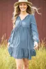 Повседневные платья 2023 Небесные голубые дамы Babydoll A-Line платье с длинным рукавом Mini Summer Office Girl Fashion V Neck Polka Dot Print