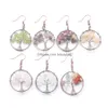 Dangle Lustre Naturel Puces Pierre Arbre De Vie Rétro Fil Wrap Cuivre Antique Rond Cristal Crochet Boucle D'oreille Pour Les Femmes Cadeau J Dhp2Z