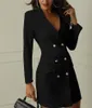 Casual Kleider Frauen Zweireiher Langarm Blazer Kleid V-ausschnitt Knopf Vorne Military Stil Weibliche Elegante Büro Tragen Vestidos