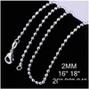 Kedjor 925 Sterling Sier pläterade 2mm pärlhalsband för kvinnans hummer Clasps Smooth Chain Statement Smycken Storlek 16 18 20 22 24 tum dhow3