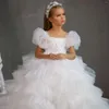 Kız Elbiseler Düğün Prom Partisi için Lüks Çiçek Noel Kısa Kollu İlk Cemaat Önlükleri Katmanlı Etekler Top Prenses Elbise
