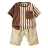 Sets/Anzüge Kinderkleidung Streifenmuster Jungen Sommerkleidung T-Shirt Kurze Jungenkleidung Set Teenager Kinder Trainingsanzug 6 8 10 12 14 230523