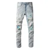 Vêtements de marque Amires Jeans Pantalons en denim Marque de mode Amies Bleu clair Lavage à l'eau Vieux Jeans déchirés Hommes Bright Blue Patch Youth Elastic Fit Ins Small Feet Distres