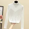 Camisetas de mujer, camisa de diamantes de moda para mujer, camiseta de cuello alto de otoño de estilo coreano para mujer, ropa de manga larga, camiseta cálida de invierno para mujer