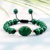 Fascino del filo Bracciale pendente ovale in malachite 6MM 8MM Perline Corda in pelle Bracciali intrecciati Coppia Braccialetti Catena Gioielli Regalo per amico