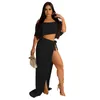 Casual Dresses Women Skirt Long Two Piece Set Off Shoulder Tank Top Split Dress Solid Color Tracksuit Clothes For Outfit