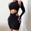 Casual Dresses Women's Sexy Autumn Fashion Long Sleeve Mini Solid Hollow Out Waist Wrap Hip Short Dress Cut Party Evening