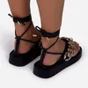 Zapatos de vestir, sandalias de tendencia de verano para mujer, plataforma gruesa, suela plana, decoración de cadena dorada, trampa cruzada, encaje, punta abatible, moda Sexy para mujer