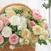 Dekoracyjne kwiaty symulowane 9-główne piwonia sztuczna kwitnąca róża Rose Wedding Birthday Party Decors for Home Pop Symulacja Bukiet
