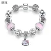 Bracelets New cute pink Kitty cat Pandora's bracelet female crystal glass DIY alloy large hole beaded bracelet Valentine's Day gift