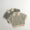 Polos Spring Autumn Kids Knitting Hollow Out Polo Shirt Girl Loose Shirt Sleve Pullover Tops Boy Kid Discal Striped Stele 230524