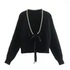 Women's Knits COS LRIS Winter Women's Clothing French Sweet V-neck Black Bead String Bow Decoration Loose Knitted Cardigan 3920/122